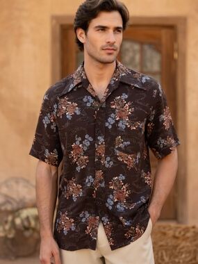 Sears Men's Vintage 70's Brown Floral Short-Sleeve Button-Up Shirt Size L